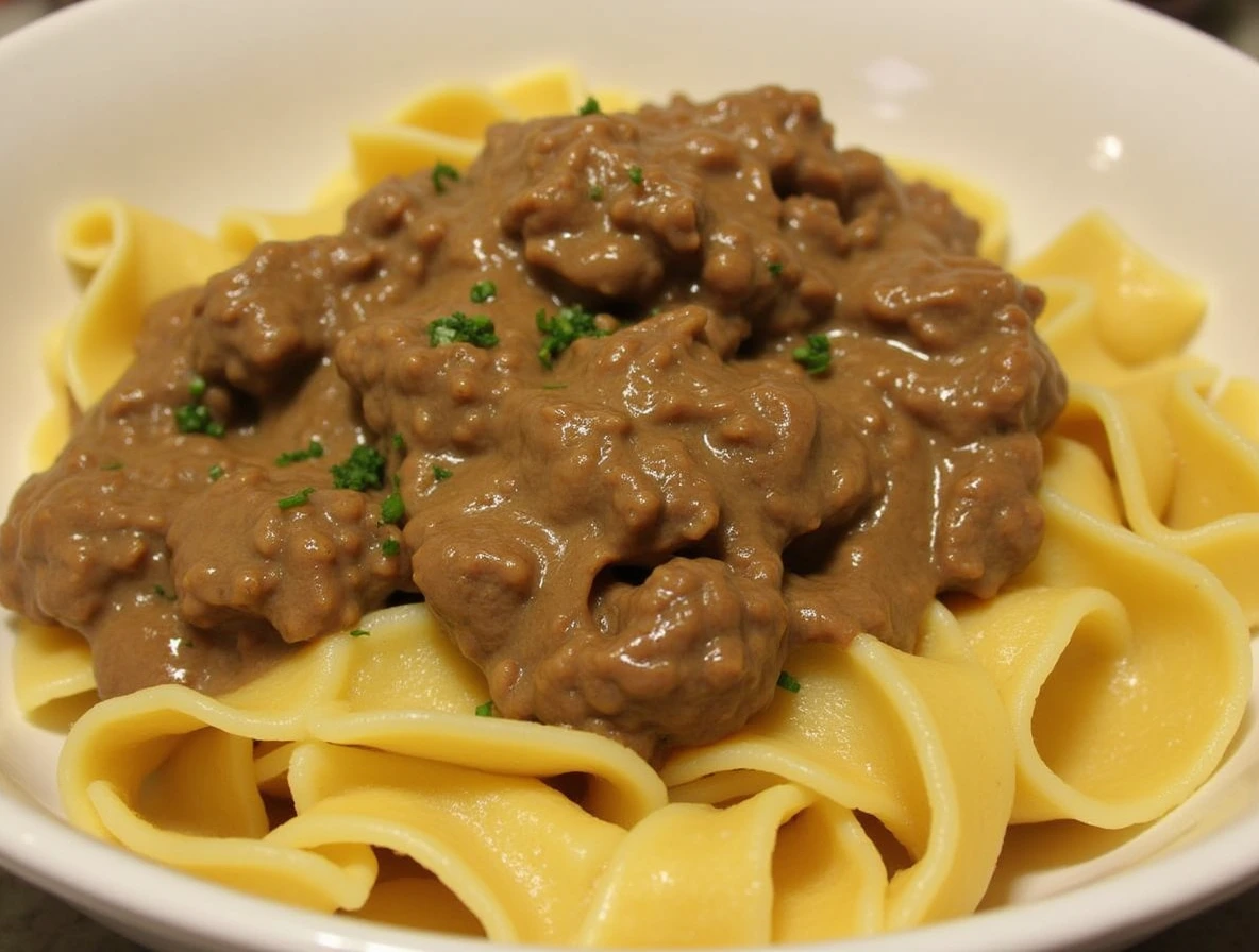 Beef Stroganoff with Buttered Noodles is delicious.
