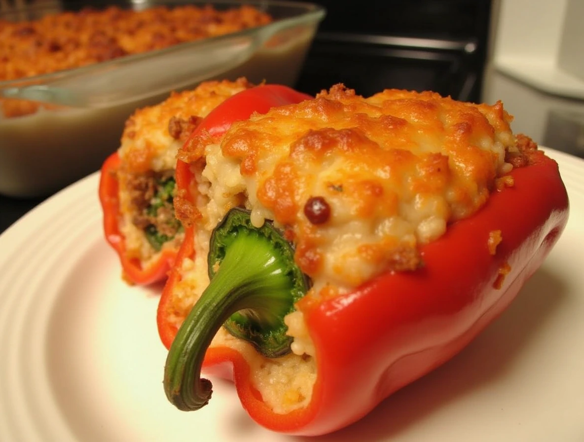 Stuffed Bell Peppers with Ground Beef & Rice Recipe.