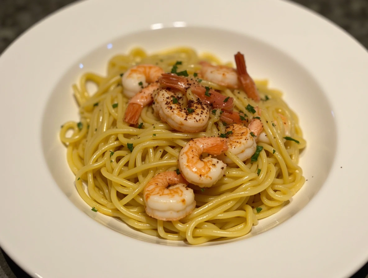 Spaghetti Aglio e Olio with Shrimp is a delight.