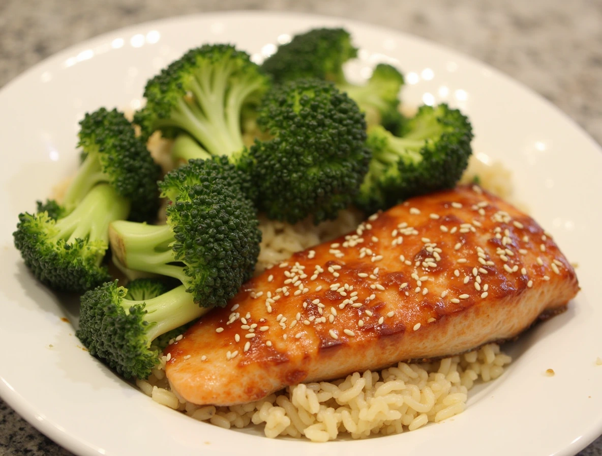 Teriyaki Glazed Salmon with Steamed Broccoli Recipe.