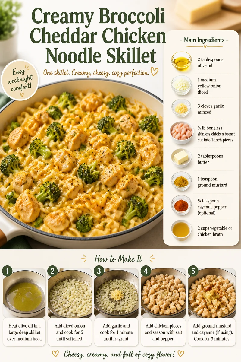 Creamy Broccoli Cheddar Chicken Noodle Skillet