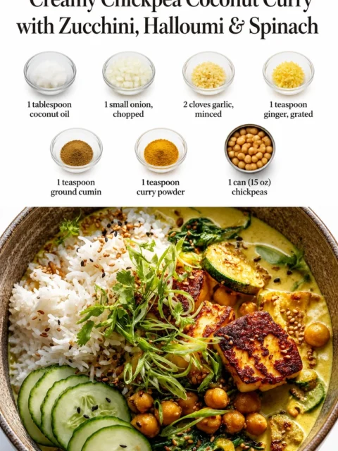 Creamy Chickpea Coconut Curry with Zucchini, Halloumi & Spinach Creamy Chickpea Coconut Curry with Zucchini, Halloumi & Spinach