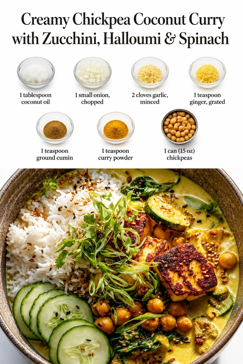 Creamy Chickpea Coconut Curry with Zucchini, Halloumi & Spinach Creamy Chickpea Coconut Curry with Zucchini, Halloumi & Spinach