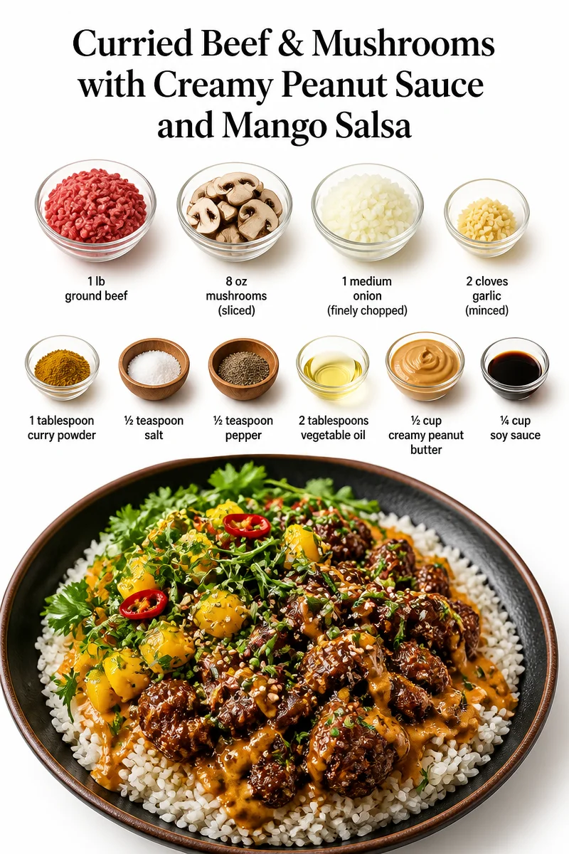 Curried Beef & Mushrooms with Creamy Peanut Sauce and Mango Salsa Curried Beef & Mushrooms with Creamy Peanut Sauce and Mango Salsa