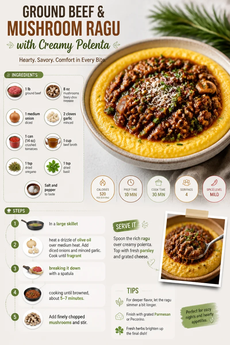 Ground Beef and Mushroom Ragu with Creamy Polenta Ground Beef and Mushroom Ragu with Creamy Polenta