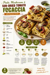 Pesto, Mushroom & Sun-Dried Tomato Focaccia with Roasted Garlic