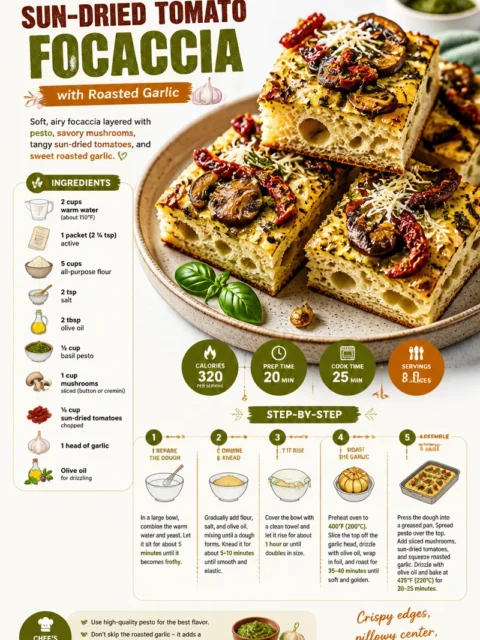 Pesto, Mushroom & Sun-Dried Tomato Focaccia with Roasted Garlic Pesto, Mushroom & Sun-Dried Tomato Focaccia with Roasted Garlic
