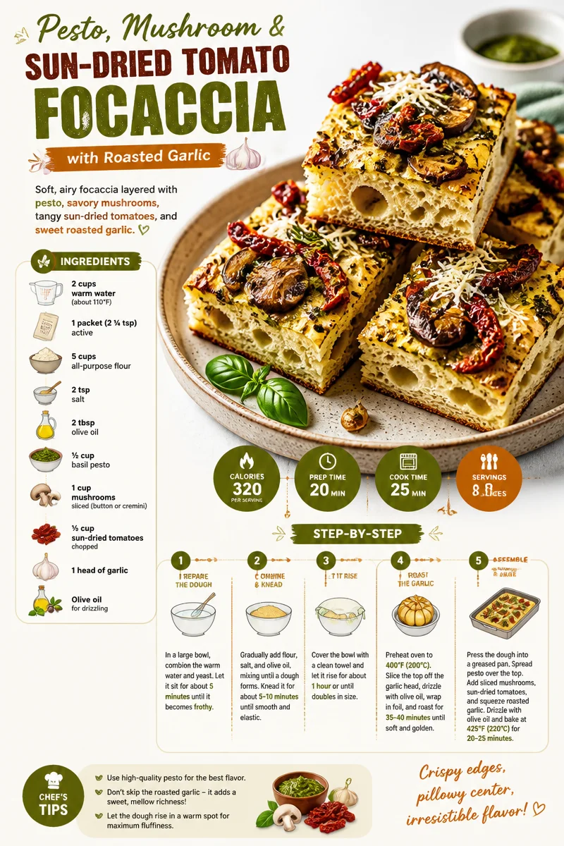Pesto, Mushroom & Sun-Dried Tomato Focaccia with Roasted Garlic Pesto, Mushroom & Sun-Dried Tomato Focaccia with Roasted Garlic