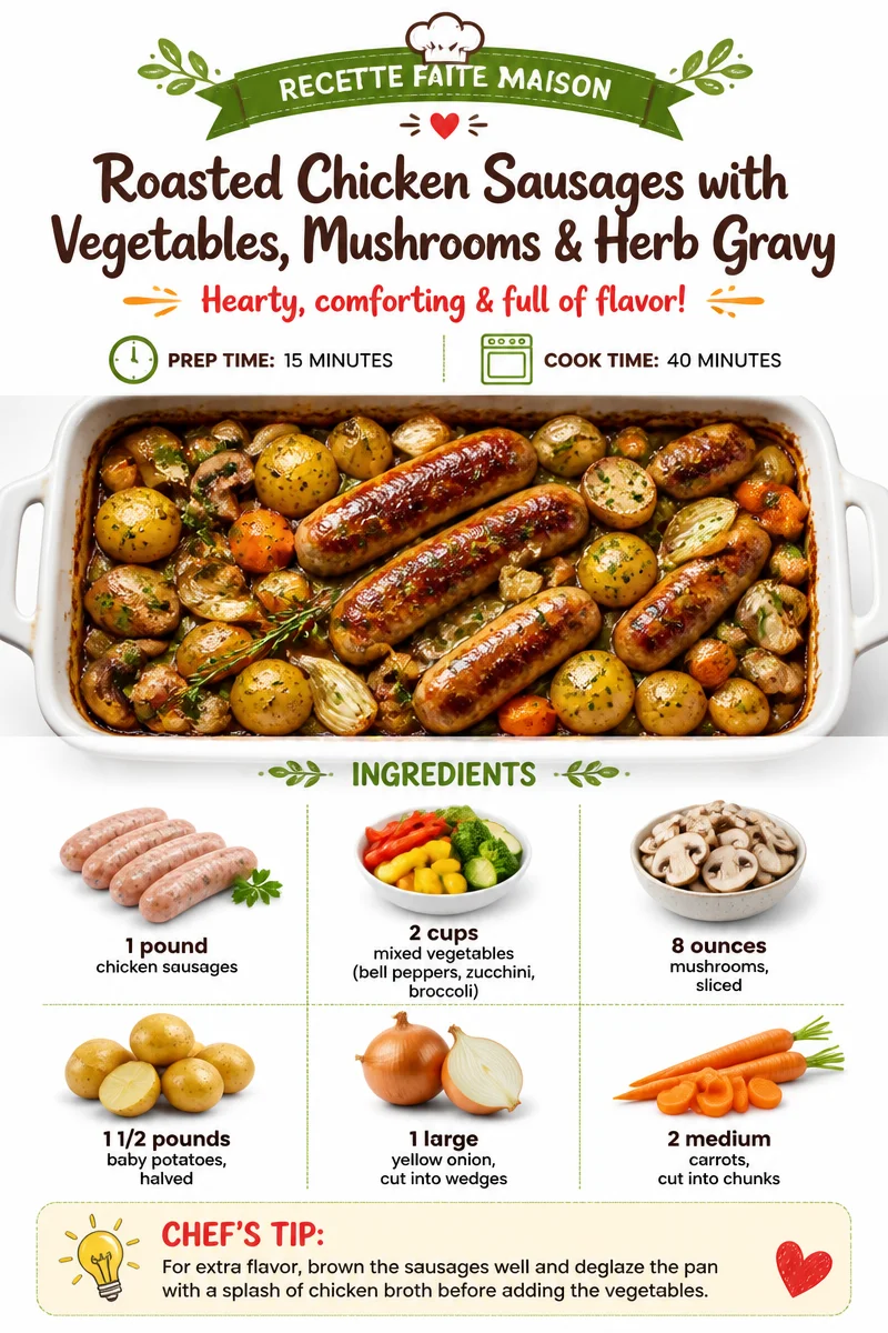 Roasted Chicken Sausages with Vegetables, Mushrooms & Herb Gravy Roasted Chicken Sausages with Vegetables, Mushrooms & Herb Gravy