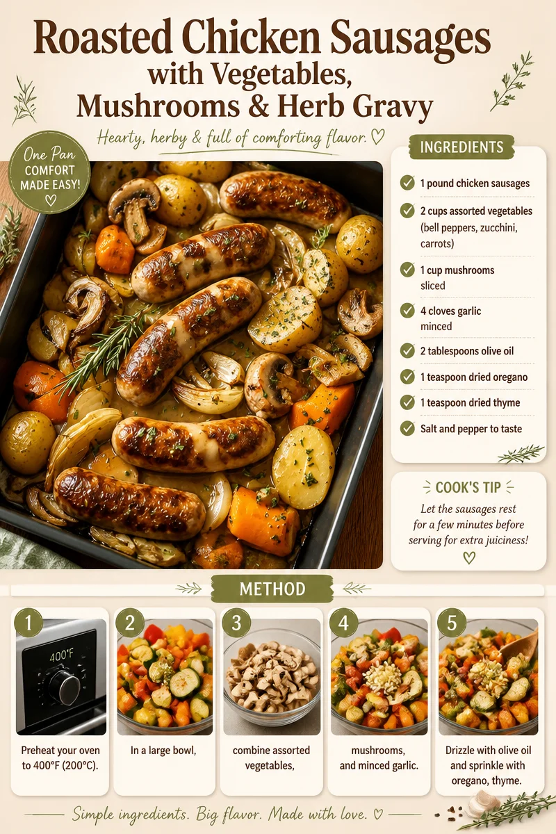 Roasted Chicken Sausages with Vegetables, Mushrooms & Herb Gravy Roasted Chicken Sausages with Vegetables, Mushrooms & Herb Gravy
